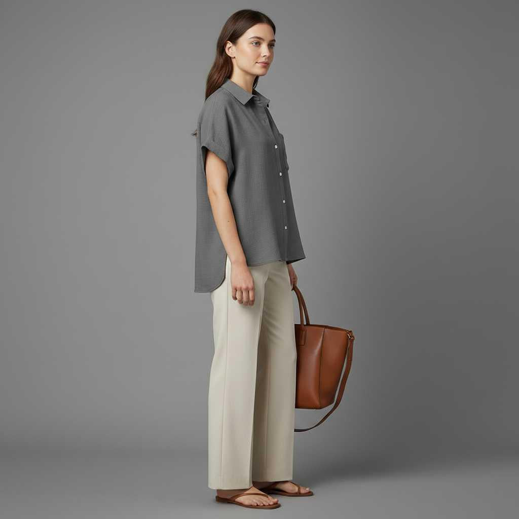 Blouse manches courtes femme en coton et lin – Coupe ample – photo 3