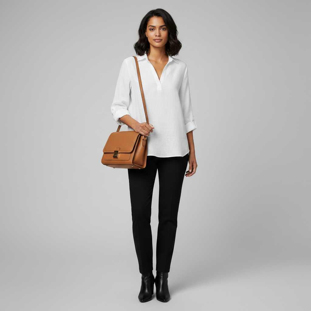 Blouse femme col V brodée en coton et lin – photo 3